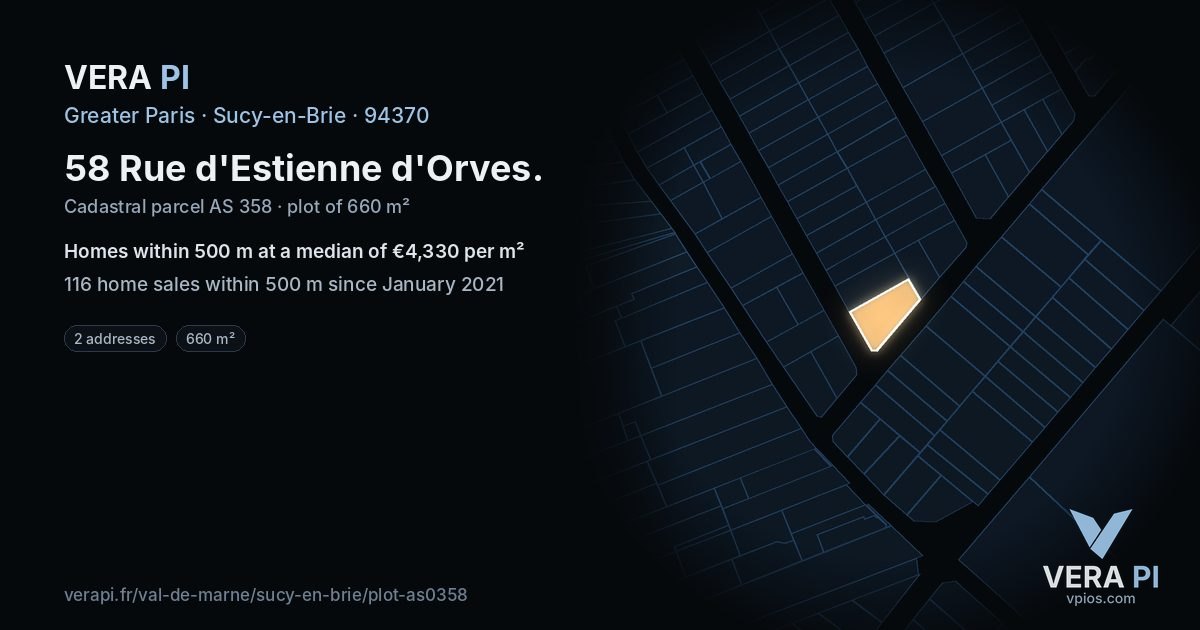 58 Rue d'Estienne d'Orves, Sucy-en-Brie at night – the plot lit, the parcels around coloured by the prices near them