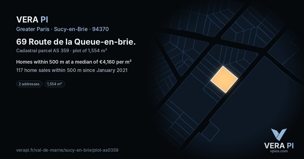 69 Route de la Queue-en-brie, Sucy-en-Brie at night – the plot lit, the parcels around coloured by the prices near them