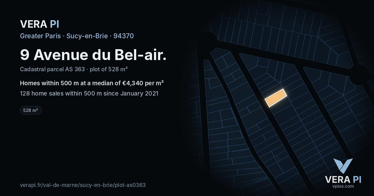9 Avenue du Bel-air, Sucy-en-Brie at night – the plot lit, the parcels around coloured by the prices near them