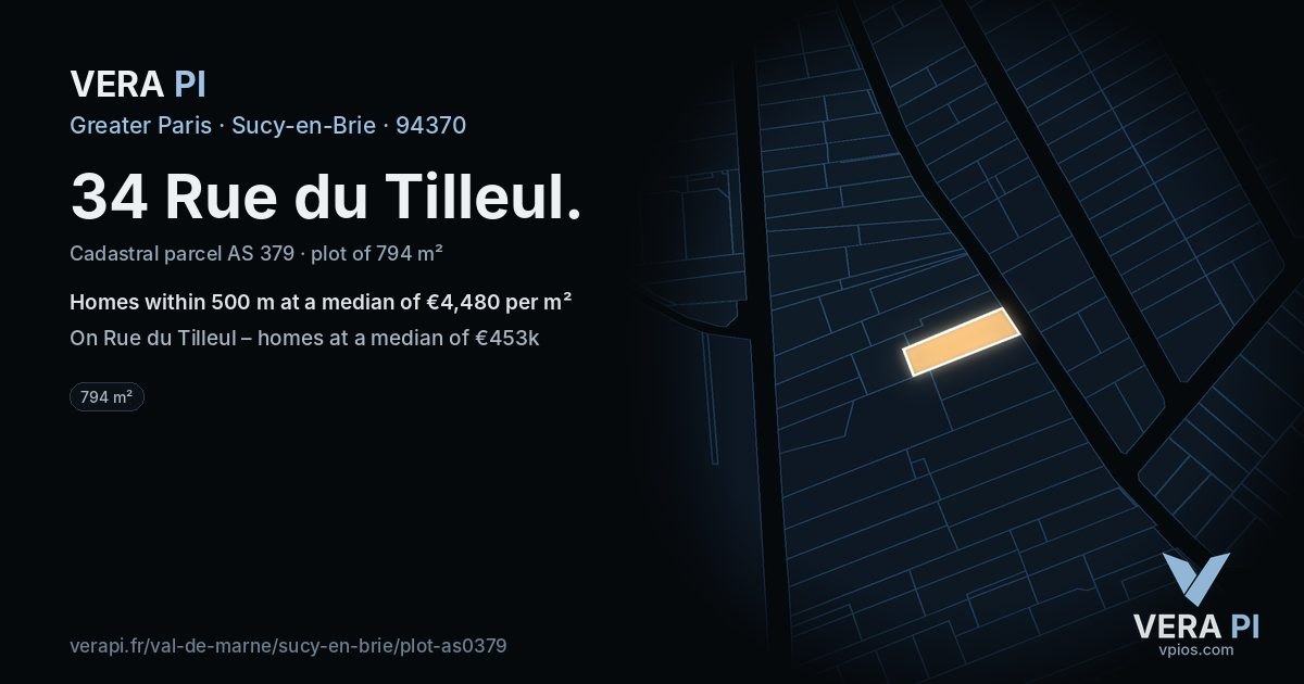34 Rue du Tilleul, Sucy-en-Brie at night – the plot lit, the parcels around coloured by the prices near them