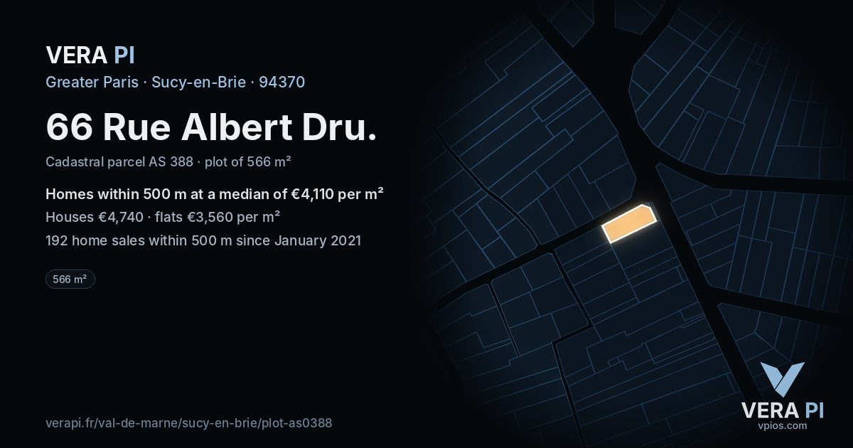 66 Rue Albert Dru, Sucy-en-Brie at night – the plot lit, the parcels around coloured by the prices near them