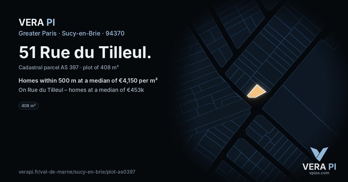 51 Rue du Tilleul, Sucy-en-Brie at night – the plot lit, the parcels around coloured by the prices near them