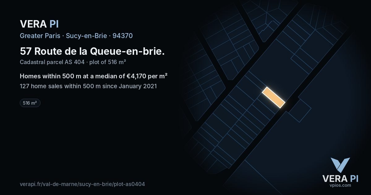 57 Route de la Queue-en-brie, Sucy-en-Brie at night – the plot lit, the parcels around coloured by the prices near them