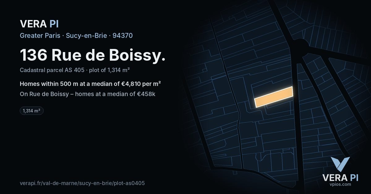 136 Rue de Boissy, Sucy-en-Brie at night – the plot lit, the parcels around coloured by the prices near them