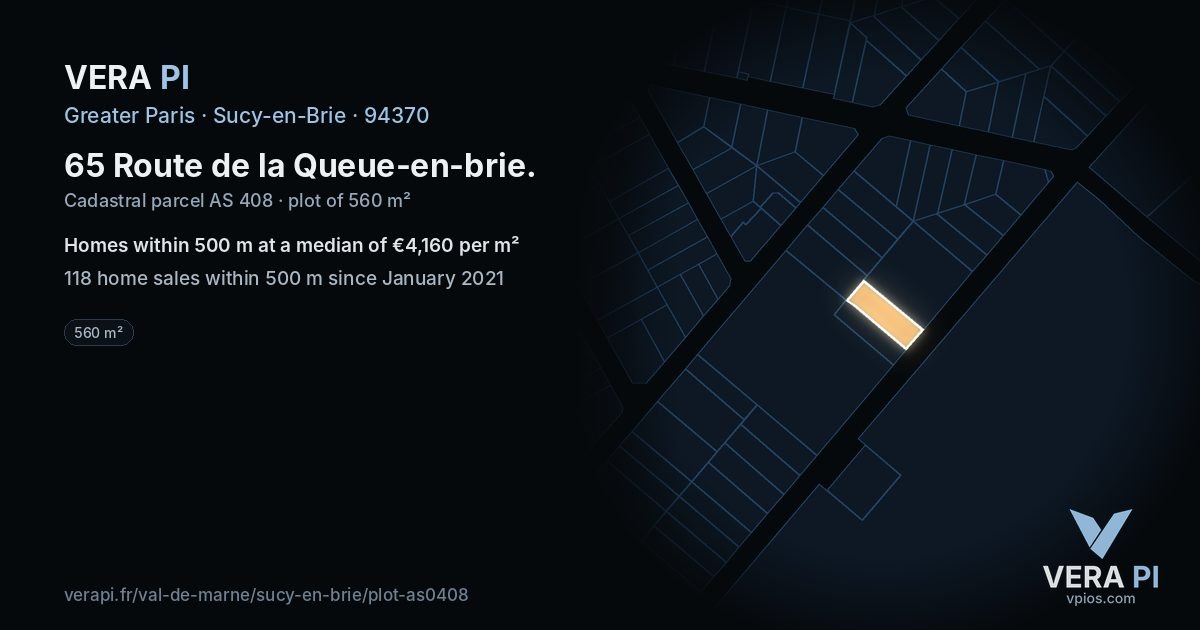 65 Route de la Queue-en-brie, Sucy-en-Brie at night – the plot lit, the parcels around coloured by the prices near them