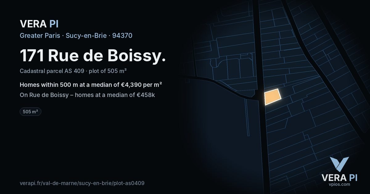 171 Rue de Boissy, Sucy-en-Brie at night – the plot lit, the parcels around coloured by the prices near them