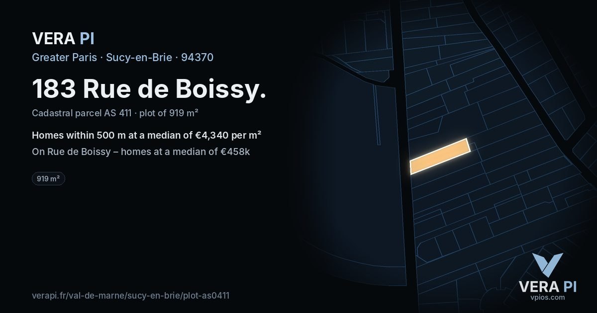 183 Rue de Boissy, Sucy-en-Brie at night – the plot lit, the parcels around coloured by the prices near them