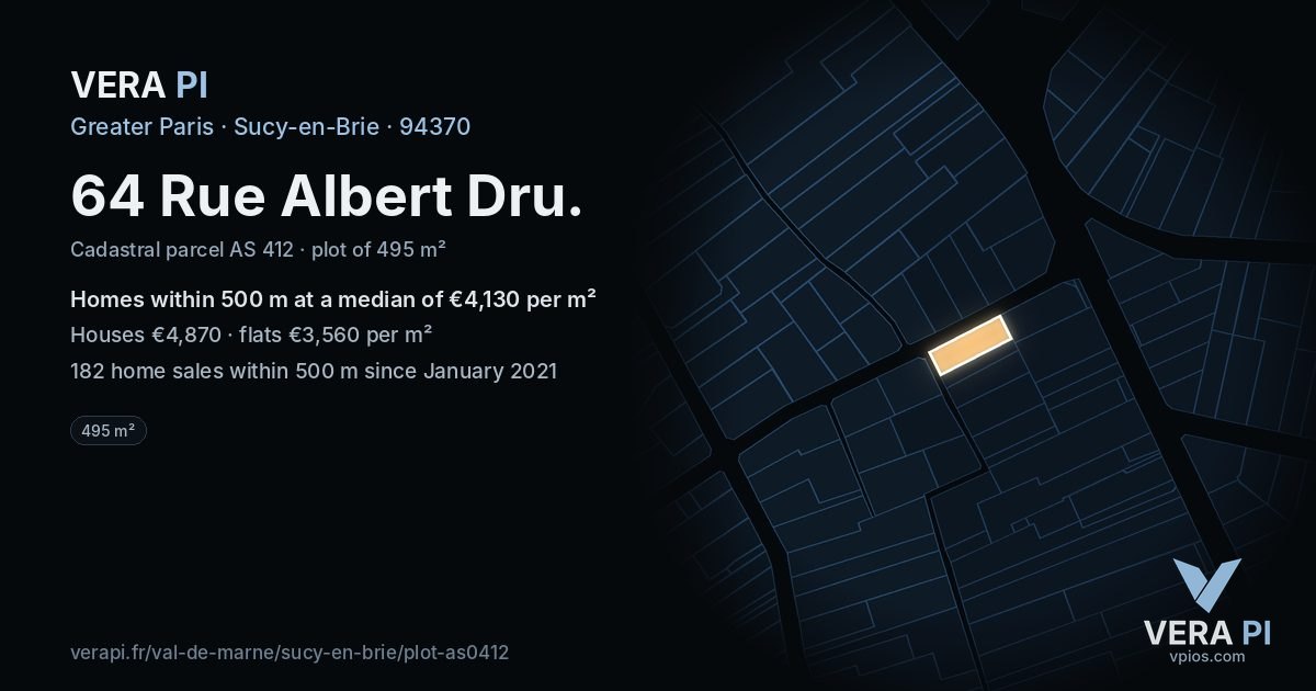 64 Rue Albert Dru, Sucy-en-Brie at night – the plot lit, the parcels around coloured by the prices near them