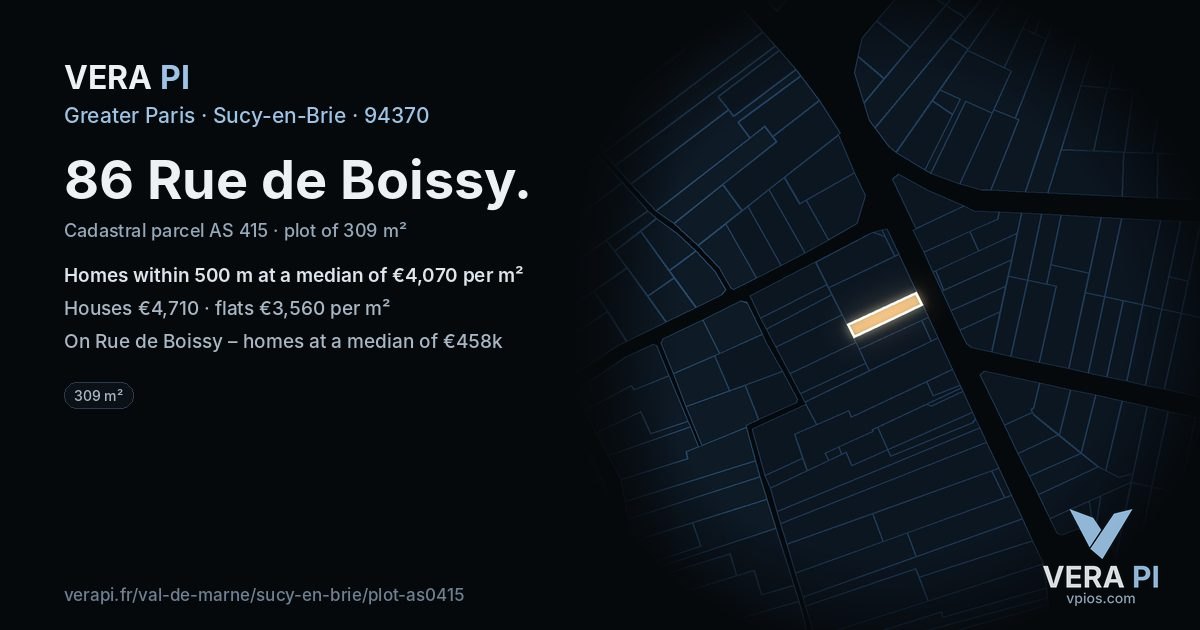 86 Rue de Boissy, Sucy-en-Brie at night – the plot lit, the parcels around coloured by the prices near them