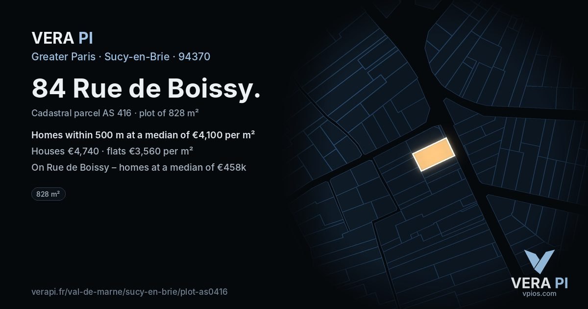 84 Rue de Boissy, Sucy-en-Brie at night – the plot lit, the parcels around coloured by the prices near them