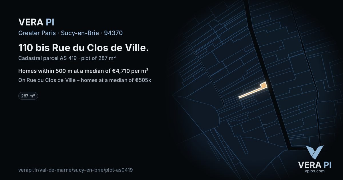 110 bis Rue du Clos de Ville, Sucy-en-Brie at night – the plot lit, the parcels around coloured by the prices near them