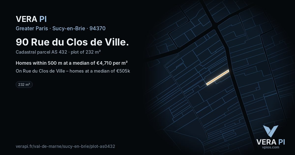 90 Rue du Clos de Ville, Sucy-en-Brie at night – the plot lit, the parcels around coloured by the prices near them