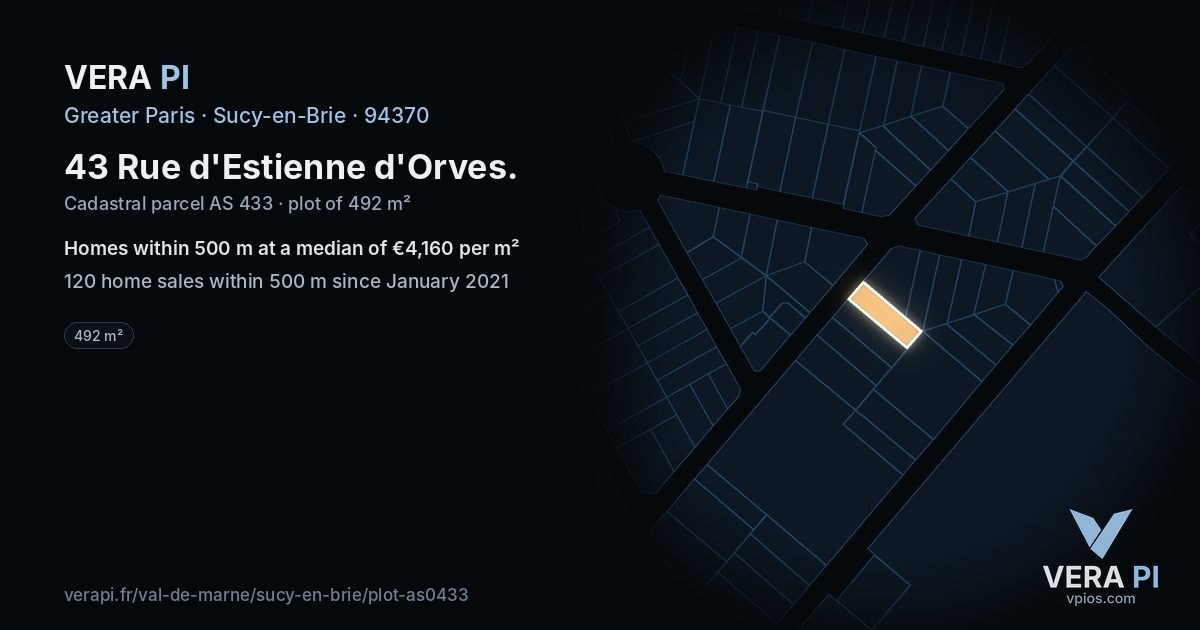 43 Rue d'Estienne d'Orves, Sucy-en-Brie at night – the plot lit, the parcels around coloured by the prices near them