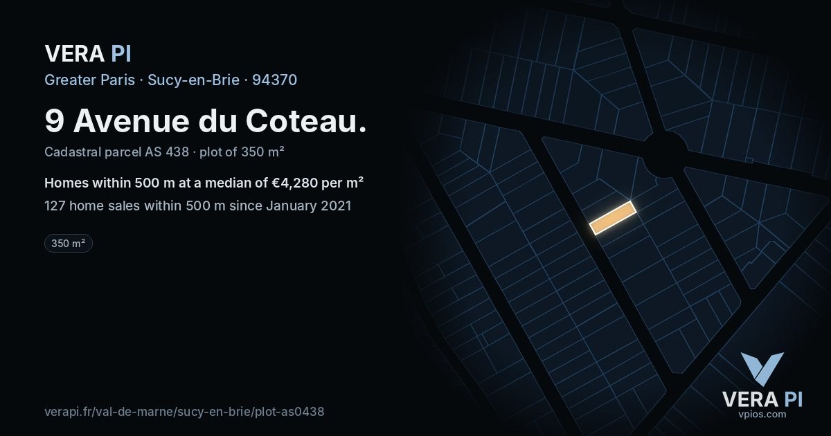 9 Avenue du Coteau, Sucy-en-Brie at night – the plot lit, the parcels around coloured by the prices near them
