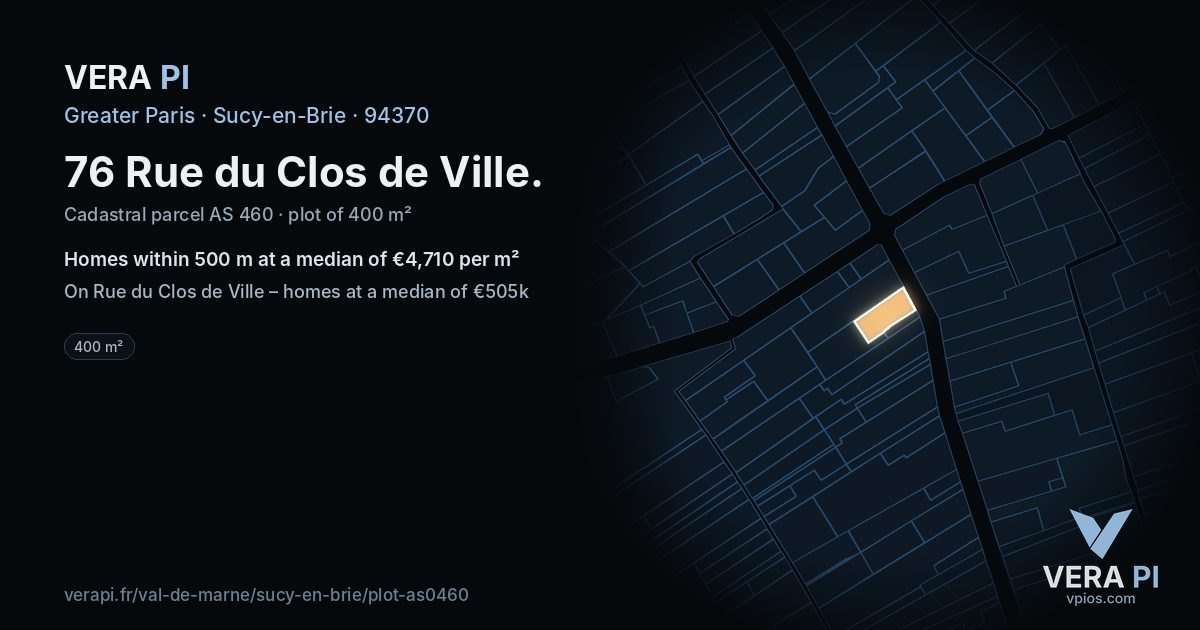 76 Rue du Clos de Ville, Sucy-en-Brie at night – the plot lit, the parcels around coloured by the prices near them