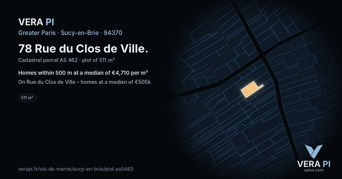 78 Rue du Clos de Ville, Sucy-en-Brie at night – the plot lit, the parcels around coloured by the prices near them