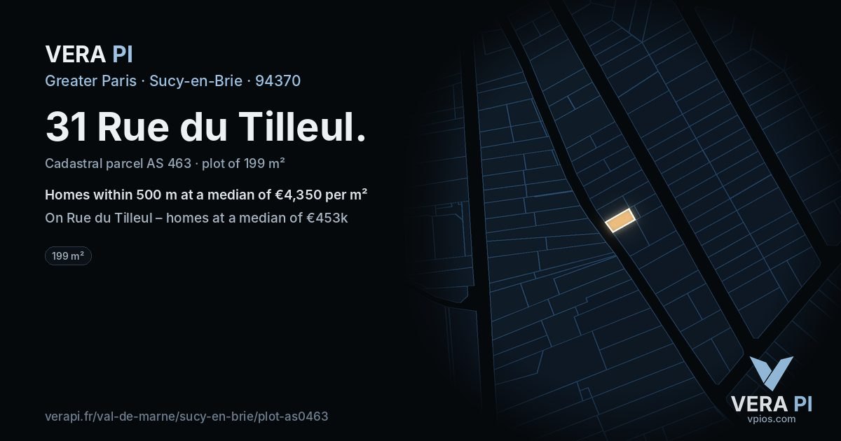 31 Rue du Tilleul, Sucy-en-Brie at night – the plot lit, the parcels around coloured by the prices near them