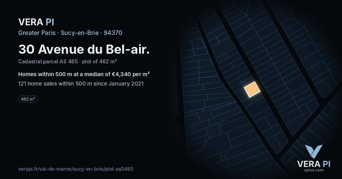 30 Avenue du Bel-air, Sucy-en-Brie at night – the plot lit, the parcels around coloured by the prices near them