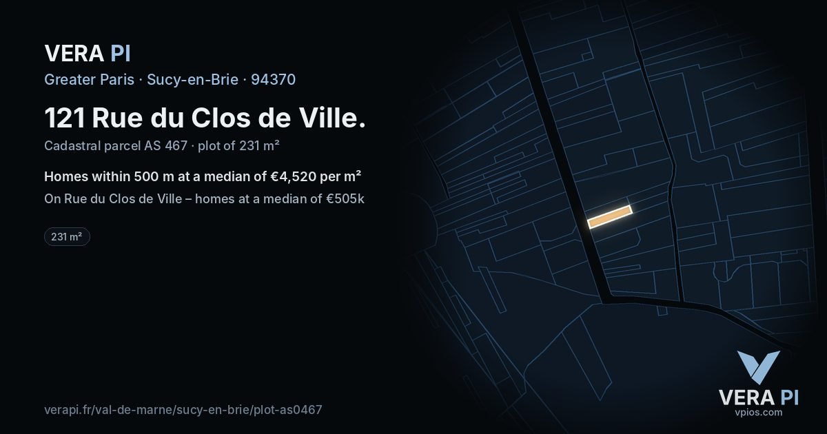 121 Rue du Clos de Ville, Sucy-en-Brie at night – the plot lit, the parcels around coloured by the prices near them