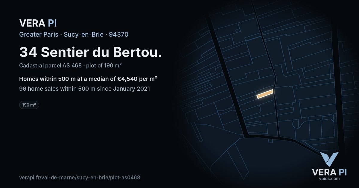 34 Sentier du Bertou, Sucy-en-Brie at night – the plot lit, the parcels around coloured by the prices near them