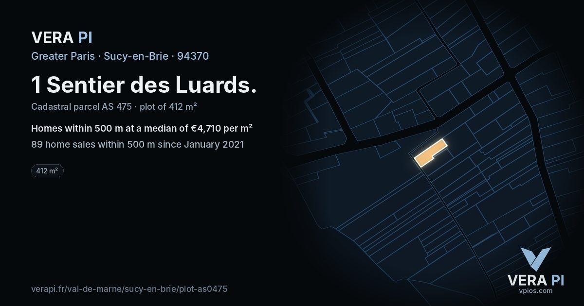 1 Sentier des Luards, Sucy-en-Brie at night – the plot lit, the parcels around coloured by the prices near them