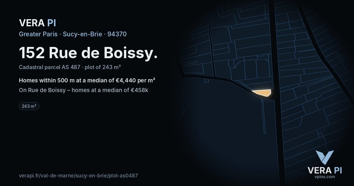 152 Rue de Boissy, Sucy-en-Brie at night – the plot lit, the parcels around coloured by the prices near them