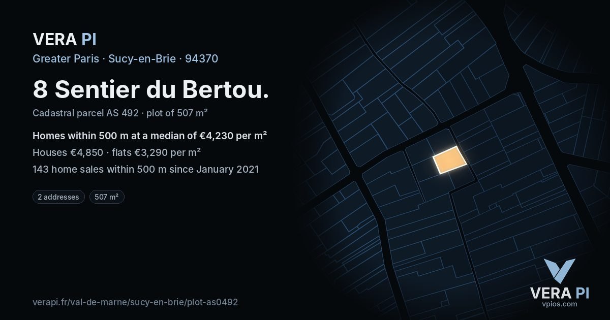 8 Sentier du Bertou, Sucy-en-Brie at night – the plot lit, the parcels around coloured by the prices near them