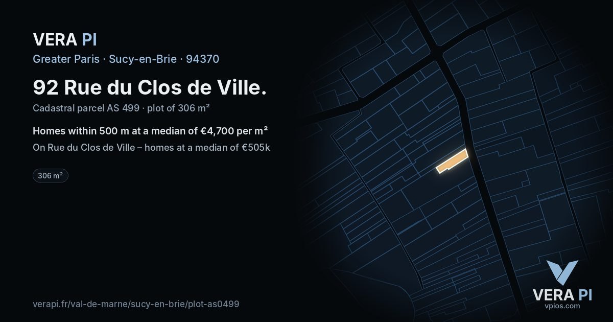 92 Rue du Clos de Ville, Sucy-en-Brie at night – the plot lit, the parcels around coloured by the prices near them