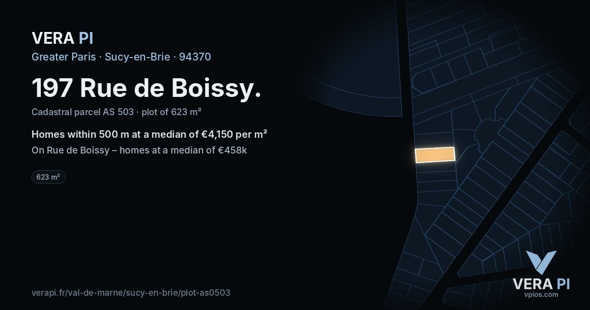 197 Rue de Boissy, Sucy-en-Brie at night – the plot lit, the parcels around coloured by the prices near them