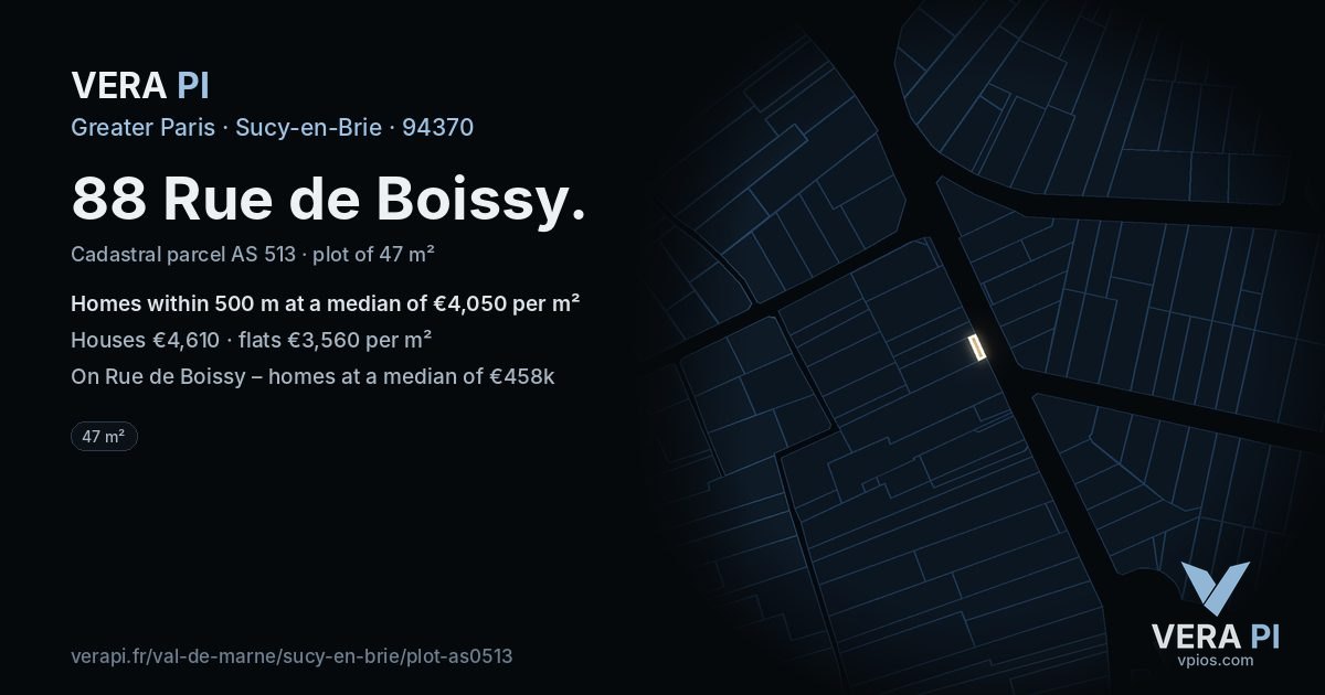 88 Rue de Boissy, Sucy-en-Brie at night – the plot lit, the parcels around coloured by the prices near them