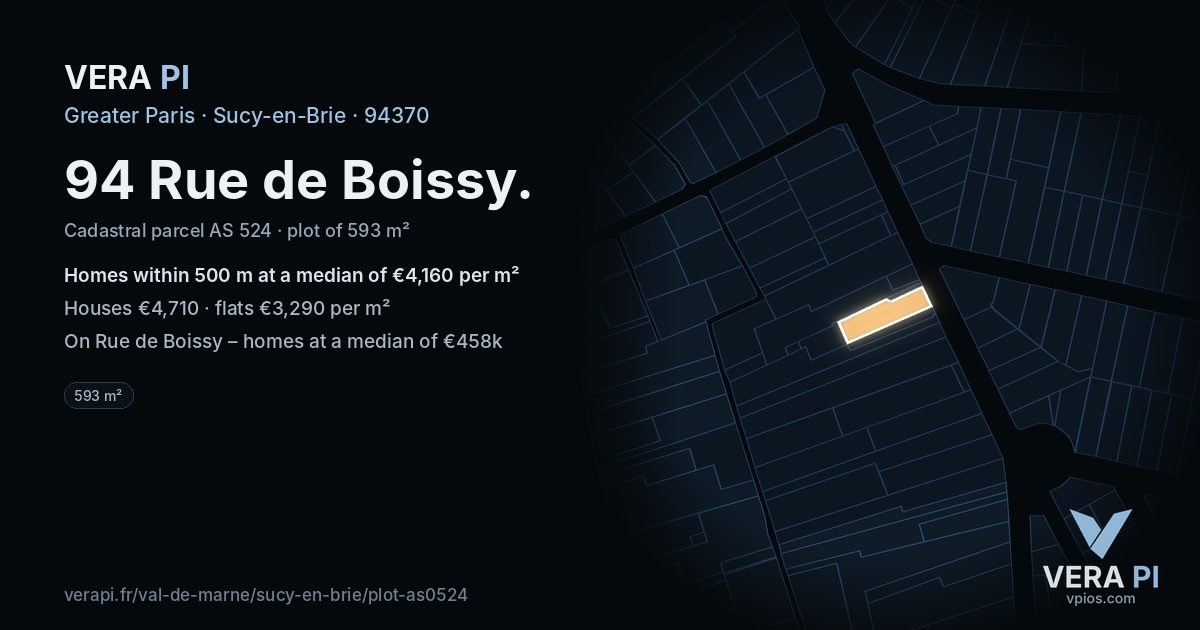 94 Rue de Boissy, Sucy-en-Brie at night – the plot lit, the parcels around coloured by the prices near them