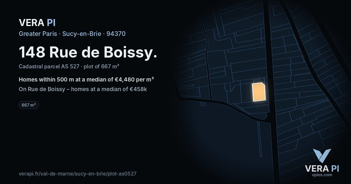 148 Rue de Boissy, Sucy-en-Brie at night – the plot lit, the parcels around coloured by the prices near them