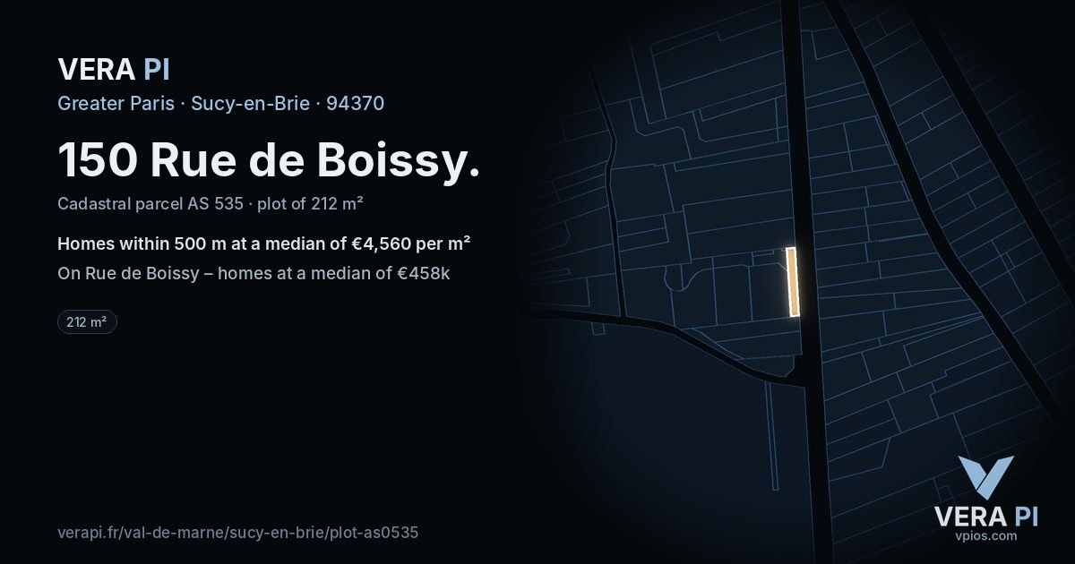 150 Rue de Boissy, Sucy-en-Brie at night – the plot lit, the parcels around coloured by the prices near them