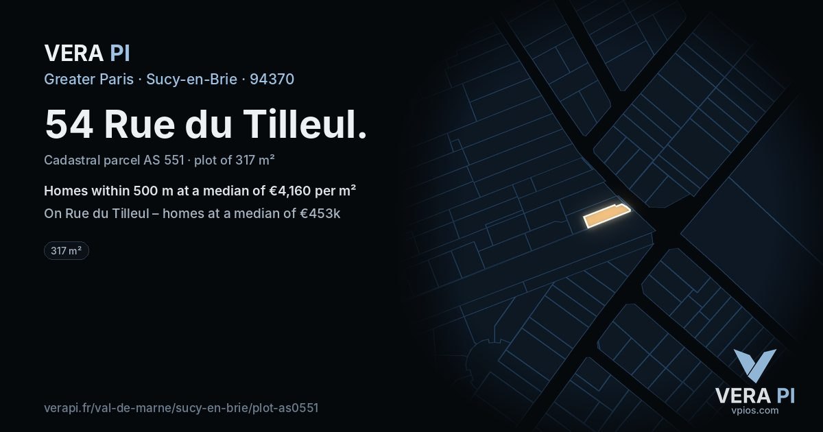 54 Rue du Tilleul, Sucy-en-Brie at night – the plot lit, the parcels around coloured by the prices near them