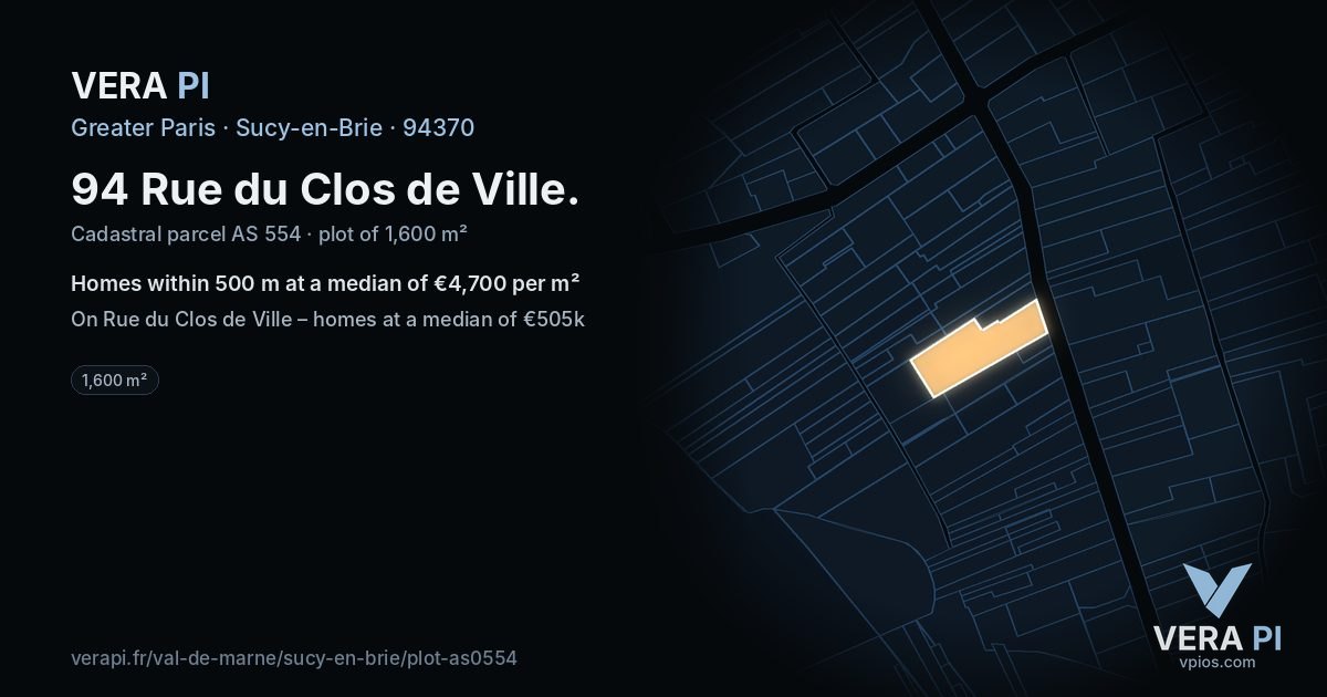 94 Rue du Clos de Ville, Sucy-en-Brie at night – the plot lit, the parcels around coloured by the prices near them