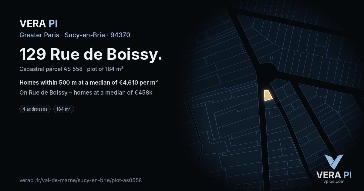 129 Rue de Boissy, Sucy-en-Brie at night – the plot lit, the parcels around coloured by the prices near them