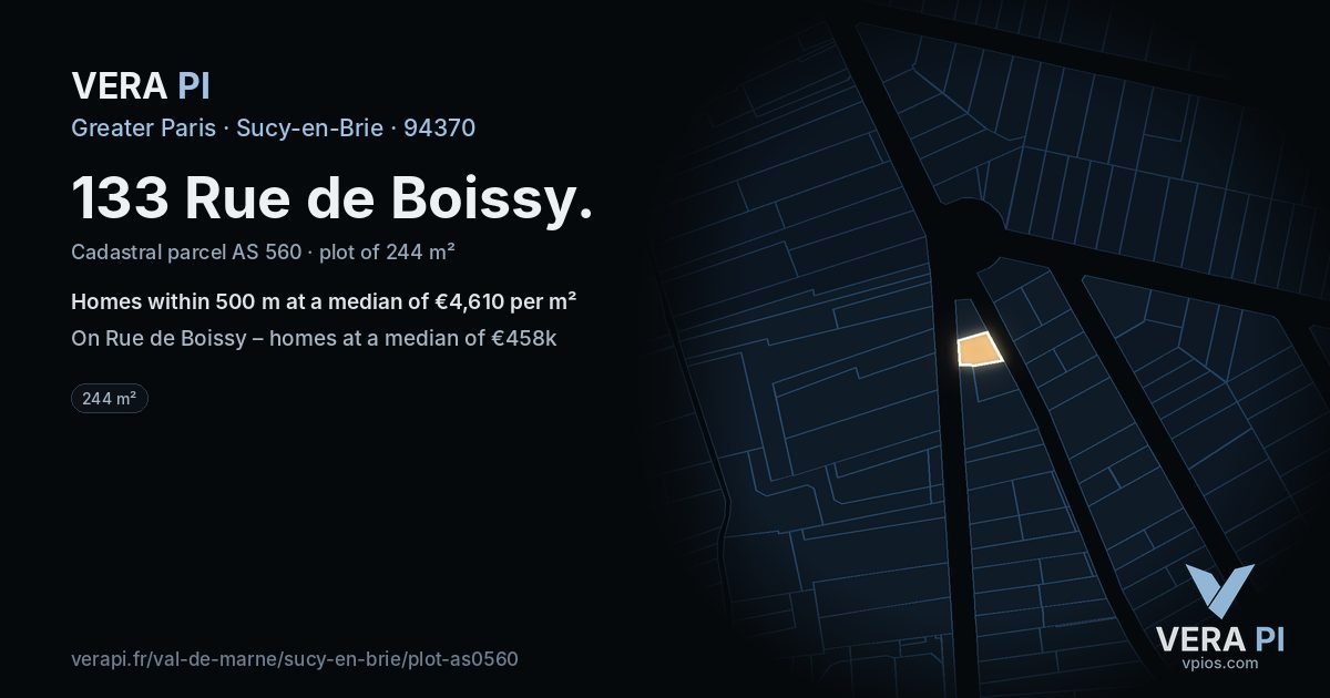 133 Rue de Boissy, Sucy-en-Brie at night – the plot lit, the parcels around coloured by the prices near them