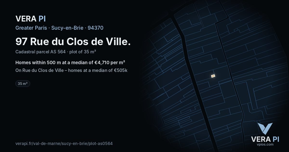 97 Rue du Clos de Ville, Sucy-en-Brie at night – the plot lit, the parcels around coloured by the prices near them