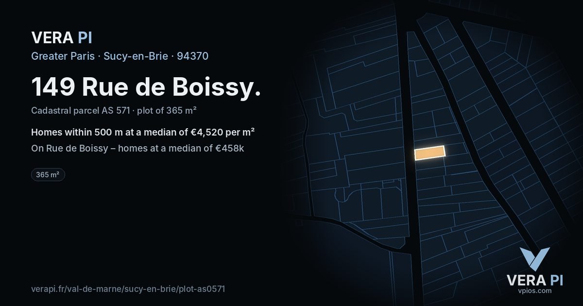149 Rue de Boissy, Sucy-en-Brie at night – the plot lit, the parcels around coloured by the prices near them