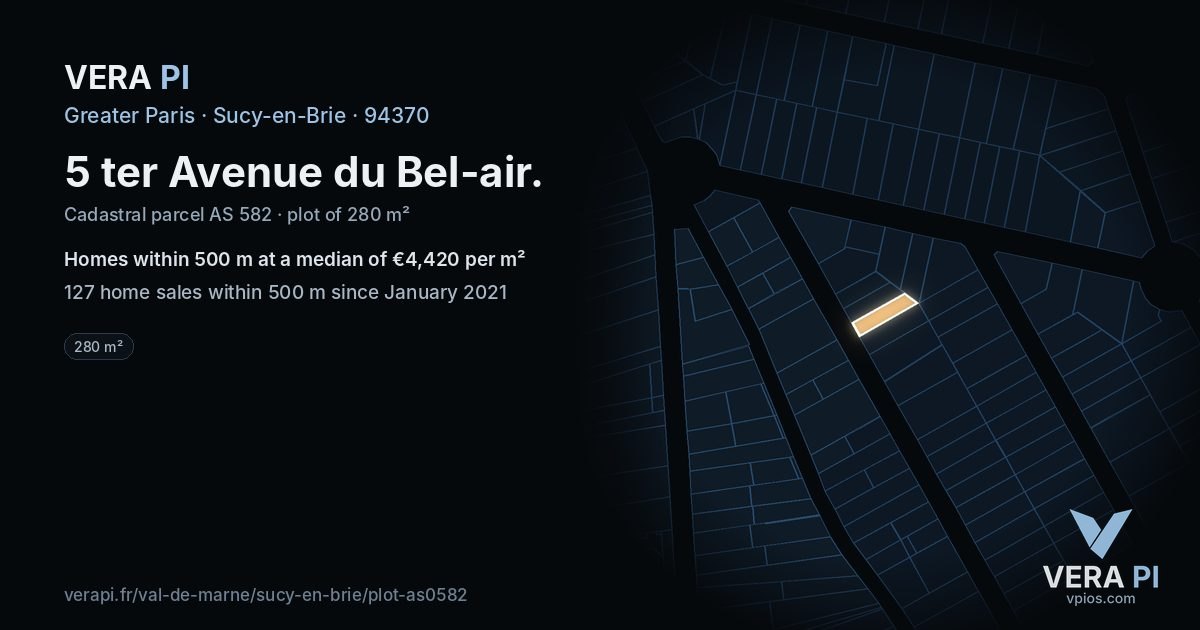 5 ter Avenue du Bel-air, Sucy-en-Brie at night – the plot lit, the parcels around coloured by the prices near them