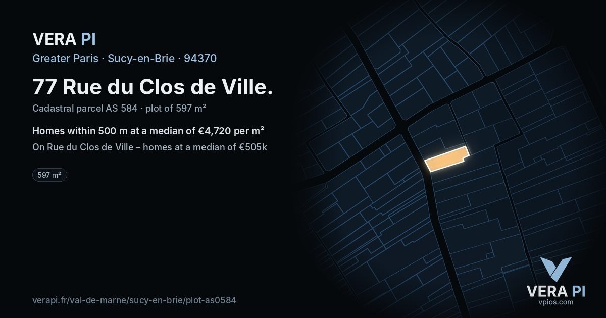 77 Rue du Clos de Ville, Sucy-en-Brie at night – the plot lit, the parcels around coloured by the prices near them