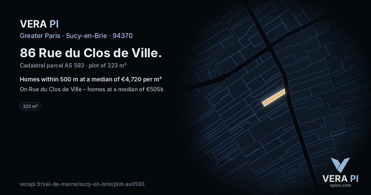 86 Rue du Clos de Ville, Sucy-en-Brie at night – the plot lit, the parcels around coloured by the prices near them