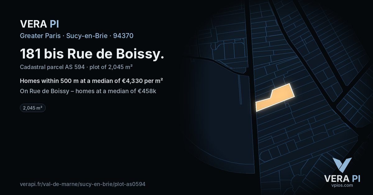 181 bis Rue de Boissy, Sucy-en-Brie at night – the plot lit, the parcels around coloured by the prices near them