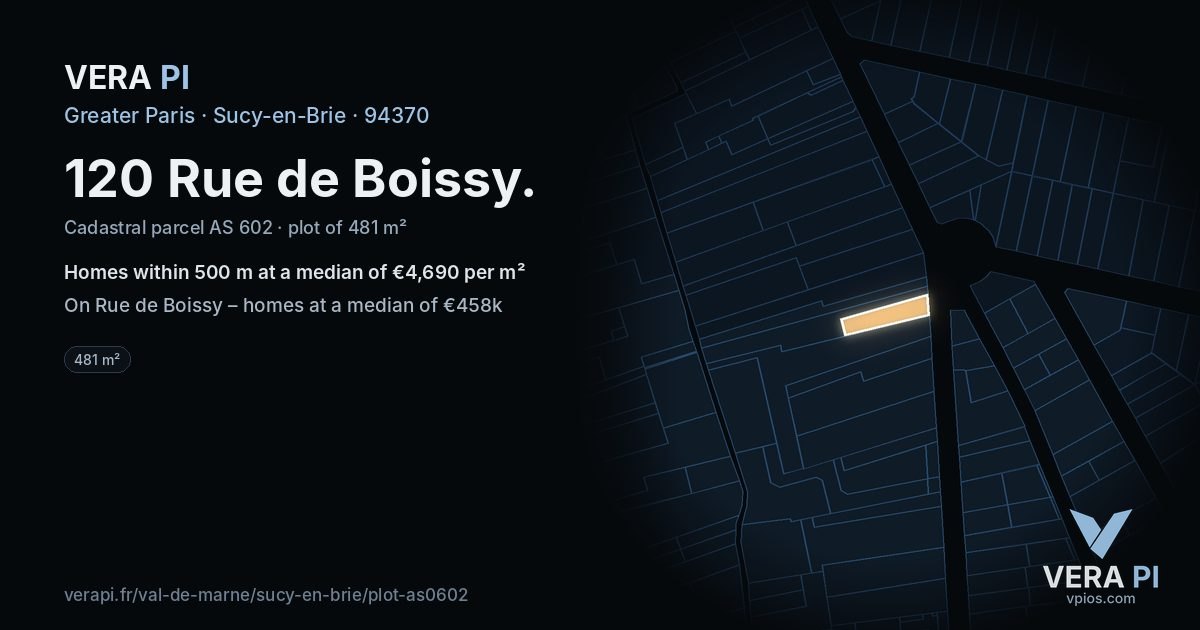 120 Rue de Boissy, Sucy-en-Brie at night – the plot lit, the parcels around coloured by the prices near them