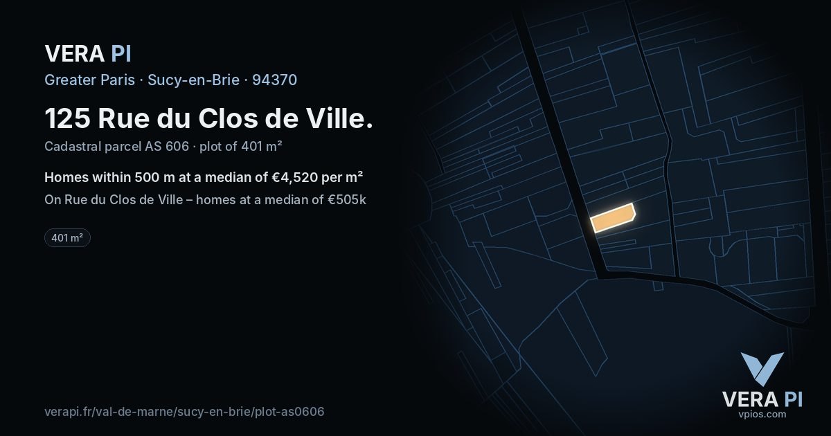 125 Rue du Clos de Ville, Sucy-en-Brie at night – the plot lit, the parcels around coloured by the prices near them