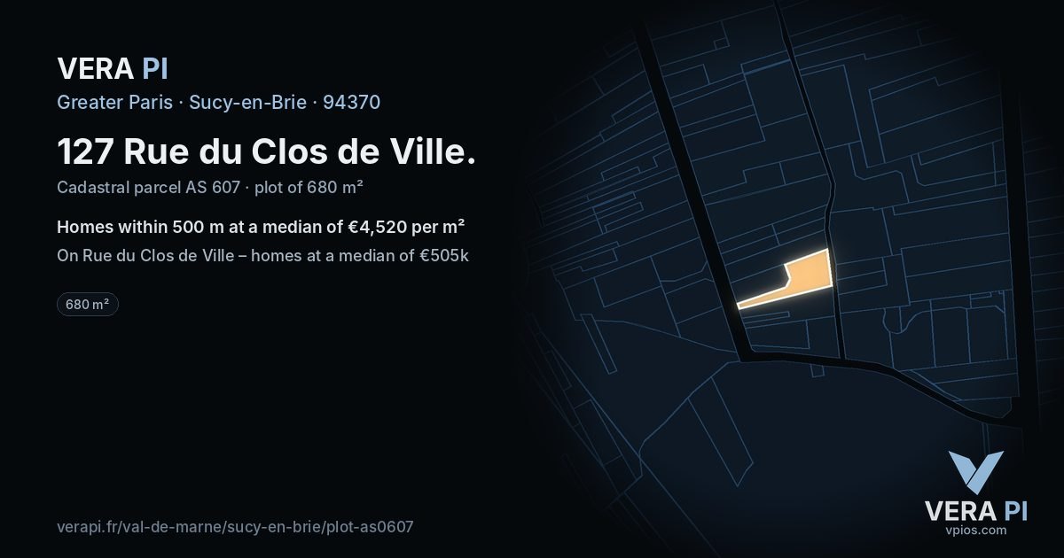 127 Rue du Clos de Ville, Sucy-en-Brie at night – the plot lit, the parcels around coloured by the prices near them