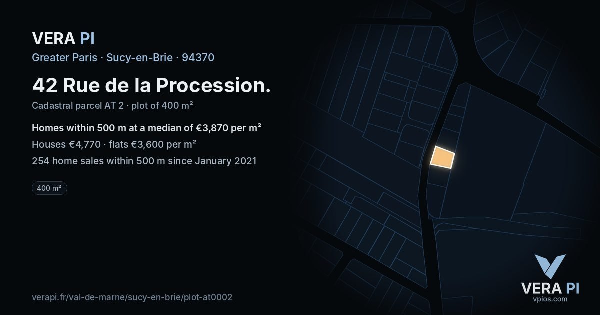 42 Rue de la Procession, Sucy-en-Brie at night – the plot lit, the parcels around coloured by the prices near them