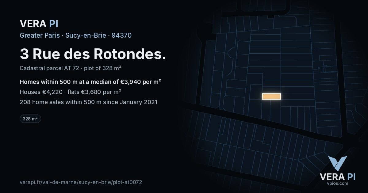 3 Rue des Rotondes, Sucy-en-Brie at night – the plot lit, the parcels around coloured by the prices near them