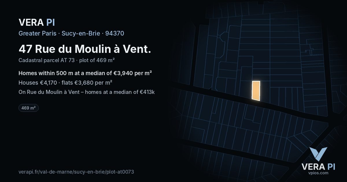47 Rue du Moulin à Vent, Sucy-en-Brie at night – the plot lit, the parcels around coloured by the prices near them