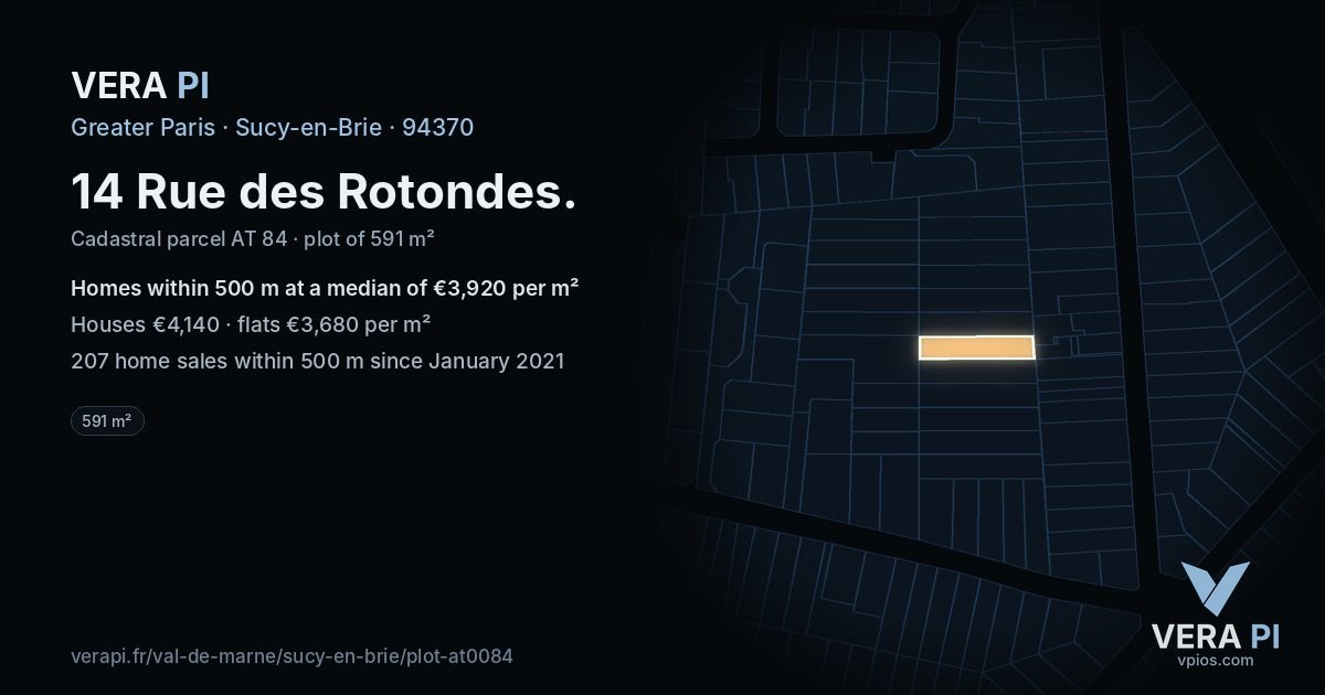 14 Rue des Rotondes, Sucy-en-Brie at night – the plot lit, the parcels around coloured by the prices near them